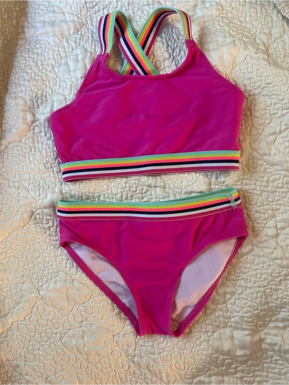Bikini Bright Pink Two-Piece Swimsuit with Rainbow Striped Trim girls